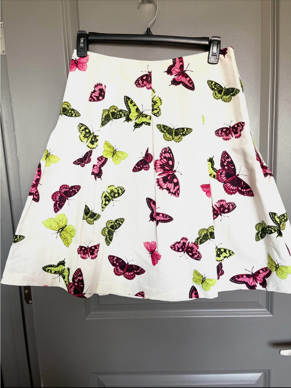 Talbots White A-Line Skirt with Pink & Lime Butterfly Print